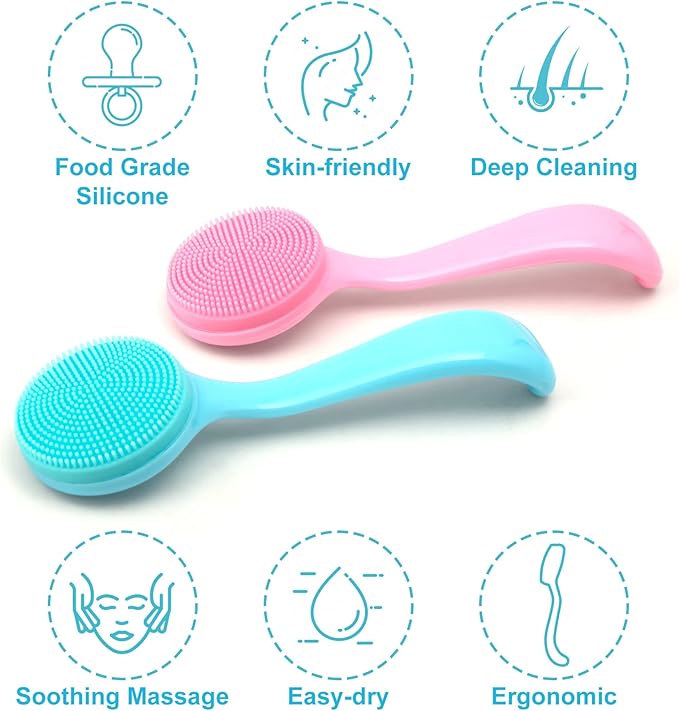 2 Pack Silicone Manual Facial Cleansing Brush, Skin Friendly Waterproof Face Cleaning Scrubber Exfoliator Cleanser for Blackheads Whiteheads Makeup Residues Removal- Blue & Pink