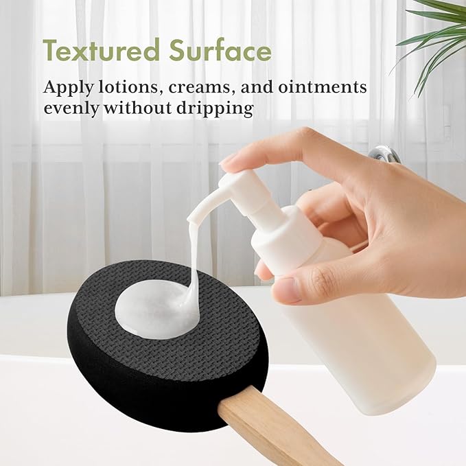 AmazerBath Lotion Applicator for Back, Feet, 2 Replacement Pads with 17" Curved Handle, Back Sunscreen Applicator for Kids, Elderly, Women, Apply Cream Medicine Moisturizer Tanner, Black