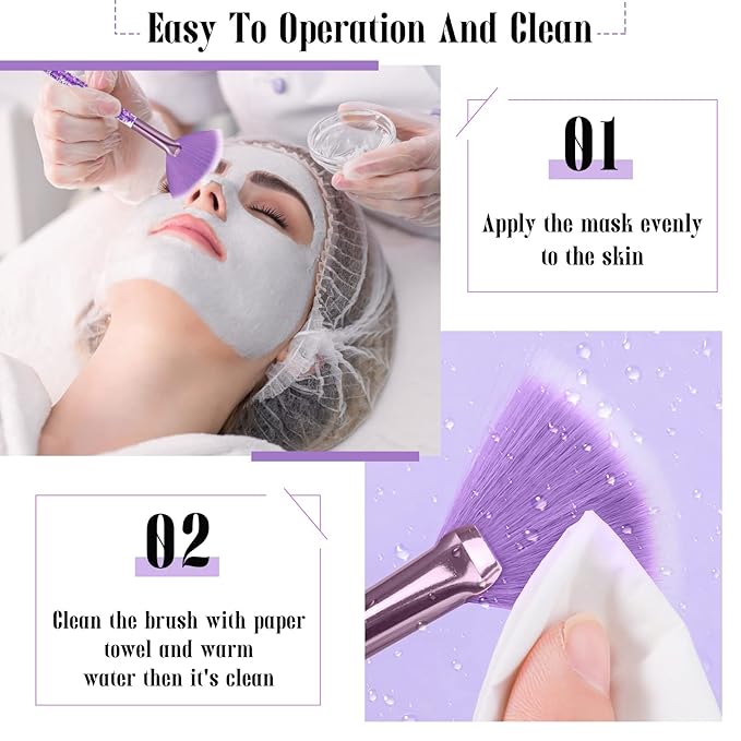 Nuenen 12 Pcs Soft Fan Facial Brushes Mask Acid Applicator Brush for Mud Cream Blush Makeup Peel Glycolic Multi Use Cosmetic Tools with Glitter Quicksand Handle and Pouch(Purple)