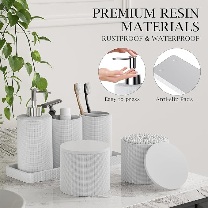 6-Piece White Bathroom Set - Mesh Textured Resin Bathroom Accessories Set with Soap Dispenser, Toothbrush Holder, Cup, Vanity Tray & Apothecary Jars for Small Spaces