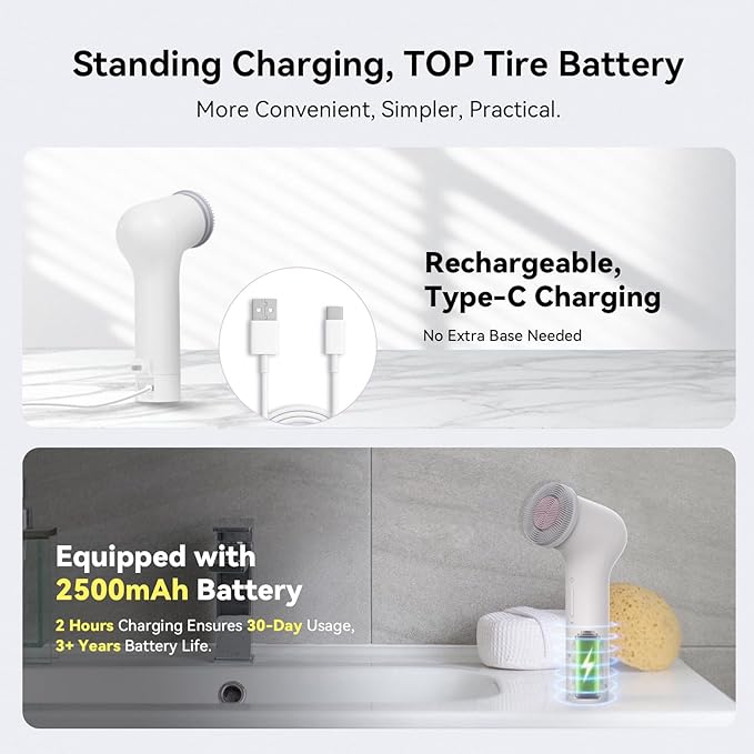 Electric Facial Cleansing Brush - Rechargeable Silicone Face Scrubber exfoliator, Face wash Machine, Pore Cleansing Brush for Women and Men,3Speeds,Waterproof, Exfoliating & Massage, White