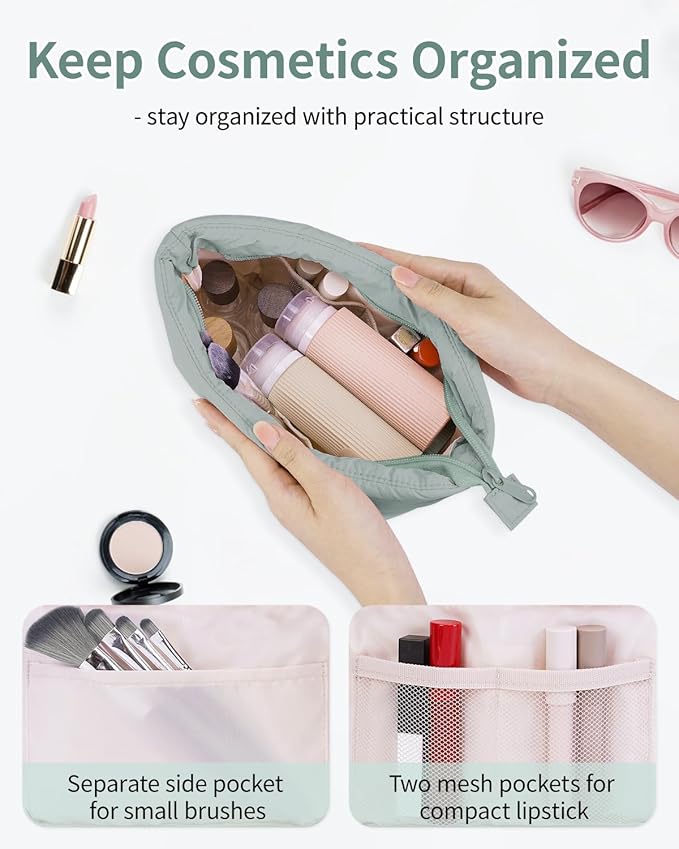 Narwey Travel Makeup Bag for Women Girl, Puffer Makeup Up Organizer Bag Cosmetic Bag, Puffy Cute Makeup Pouch Purse, Travel Toiletry Bag (Sage Green)