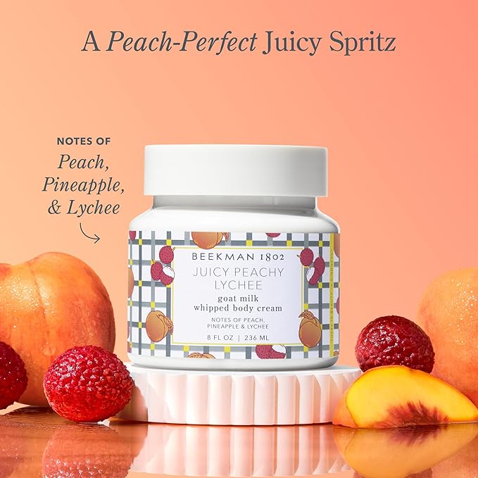 Beekman 1802 Whipped Body Cream – Rich Body Butter & Moisturizing Body Cream, Goat Milk Lotion, Shea Butter & Vitamin E, Hydrating Body Moisturizer for Dry Skin - Juicy Peachy Lychee 8 oz