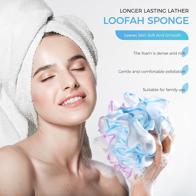 Shower Loofah Sponge Pouf – XL Exfoliating Bath Puff Body Scrubber, Soft Mesh Shower Sponge with Reinforced Knot, Rich Lather, Set of 4 for Women and Men