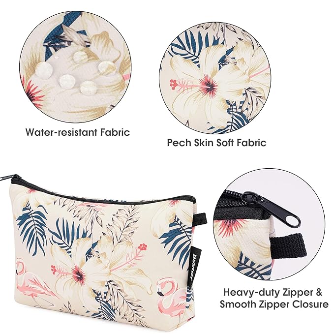 WANDF Cosmetic Bag for Women Makeup bag Organizer Mini Makeup Pouch for Purse Water Resistant Girls Gift (Beige Flamingo)
