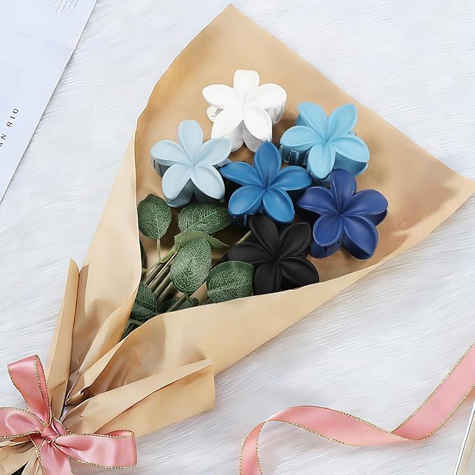 Flower Hair Clips 6 PCS Hawaiian Claw Clips for Vacation Hibiscus Hair Claw Cute Large Hair Clips for Thick and Thin Hair Plumeria Hair Accessories for Women Girls -Blue