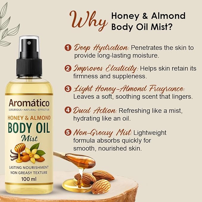 Honey & Almond Body Oil Mist for Women | Lightweight, Non-Sticky, Spray-on formula for Daily use After Shower | Moisturized, Soft, Glowing Skin | Cozy, Creamy Vanilla Scent - 4 Fl Oz