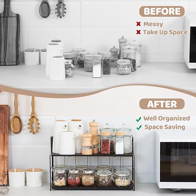 Bathroom Counter Organizer 10s Tool-Free Install, 2 Tier Bathroom Organizers and Storage, Collapsible Bathroom Organizer Countertop, Wood Bathroom Kitchen Countertop Organizer, Black