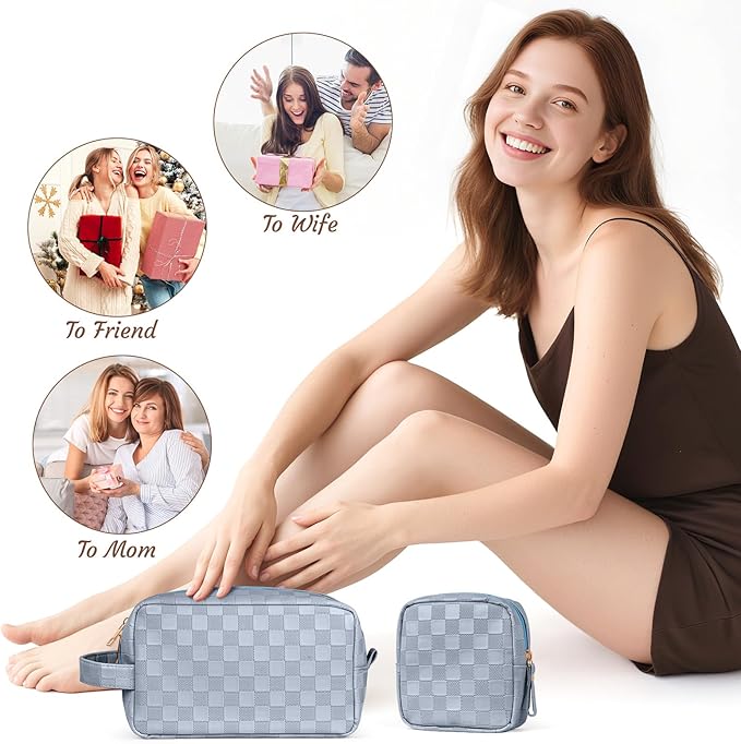 MAGEFY Small Makeup Bag for Purse, Checkered Makeup Bag Small Pouches for purse Leather Mini Make Up Bag Cute Cosmetic Bag for Women with Slip-in Pockets,Blue Haze