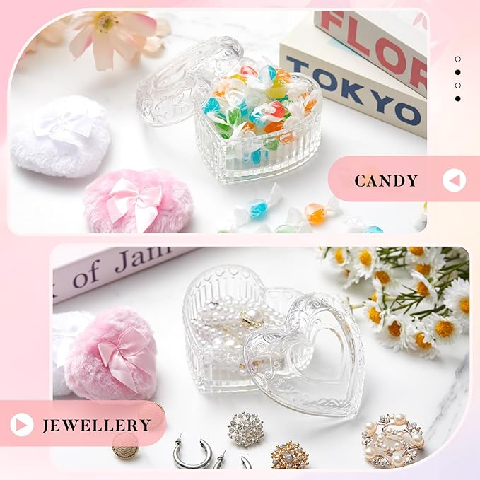 Tioncy 3 Pcs Large Body Powder Puff and Container Valentine's Day gift Powder Container with Puff Crystal Case Soft Washable Reusable Velour Face Body Glitter Wet Dry Makeup(Heart,Clear)