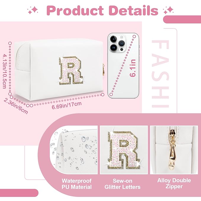 Small Initial Patch Makeup Bag Personalized Gifts Make Up Bag,White Cute PU Leather Glitter Letter Cosmetic Bag with Zipper,Trendy Portable Travel Toiletry Pouch,Preppy Stuff for Teen Girls Women R