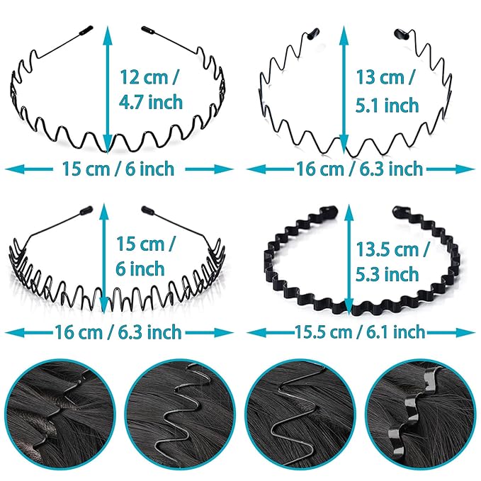 Metal Headband for Men, Unisex Black Wavy Spring Hair Band, Zig Zag Head Band, Fashion Elastic Hair Accessories, Multipack Options Available(8pcs)