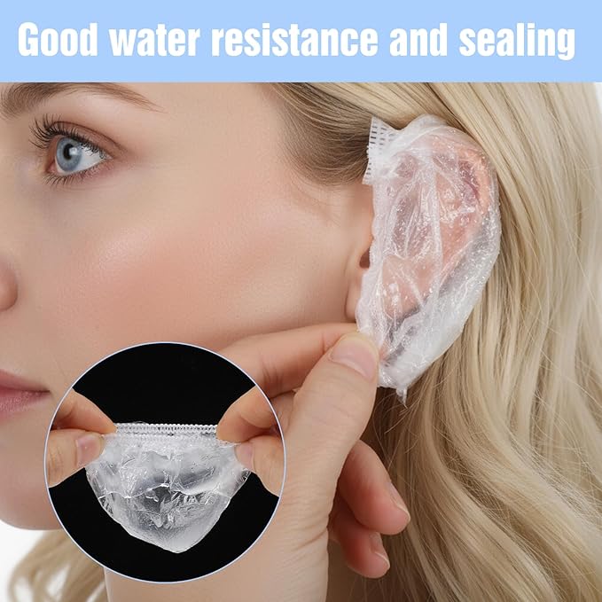 200 PCS Disposable Ear Covers for Shower, Clear Elastic Ear Shower Caps Hair Dye Ears Protectors, Ears Covers for Hair Colouring and Beauty Treatments