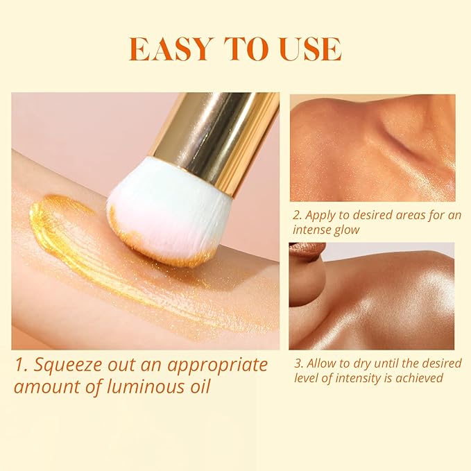 Liyalan Shimmer Body Oil Golden Brown Color 1.0 fl.oz Face Glow Pearl Highlighter Illuminator Long-Lasting Shine Glitter Liquid Tanning with Makeup Brush