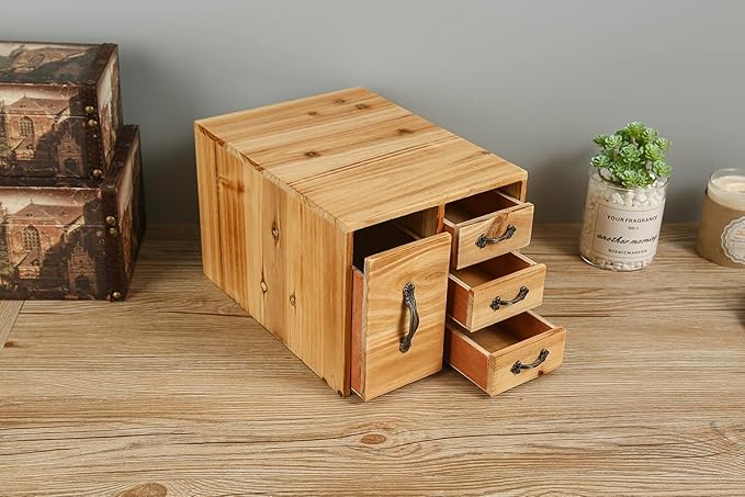 Rustic Beauty Organizer 4 Drawers - Wooden Cosmetic Storage Box for Neat & Home Office Desk &Organize &Storing of Makeup holder Tools,Bathroom Counter-top(Wood Color, L)