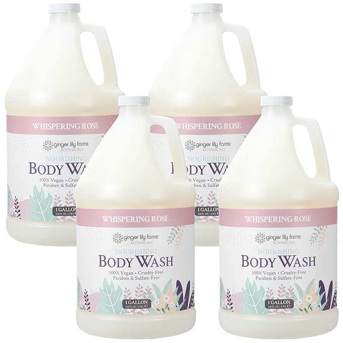 Ginger Lily Farms Botanicals Nourishing Body Wash, 100% Vegan & Cruelty-Free, Whispering Rose Scent, 1 Gallon (Pack of 4)