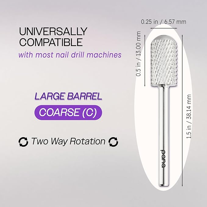 PANA 3/32" Large Smooth Round Top Safety Carbide Nail Drill Bit for Gel Polish & Acrylic Removal Nail Salon Manicure Pedicure Electric File Tools (Large Barrel - Silver, Coarse)