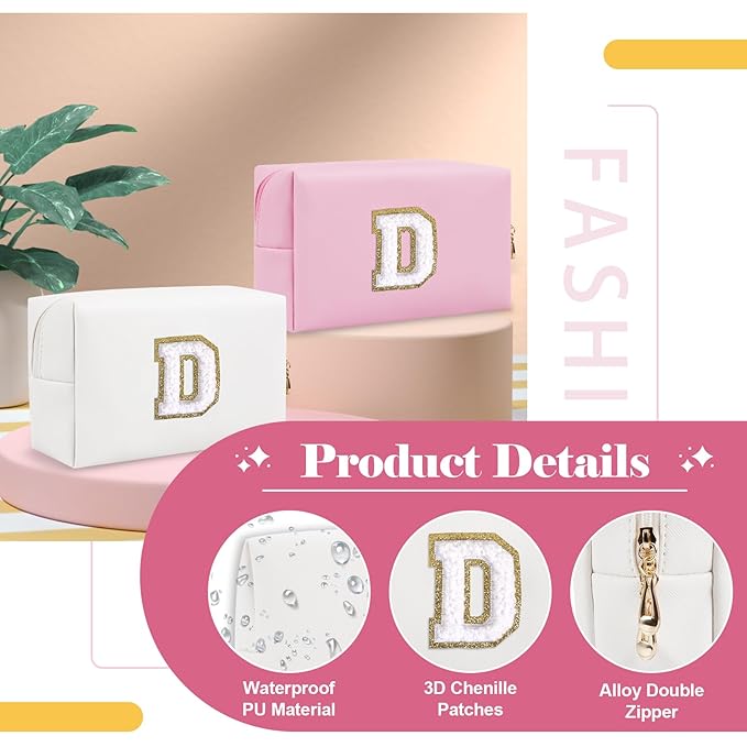 Small Personalized Initial A-Z Preppy Patch Makeup Bag,White PU Chenille Letter Travel Cosmetic Pouch with Zipper,Cute Toiletry Bag,Gift Ideal for Teen Girls Women Teacher Bridesmaid,Letter D