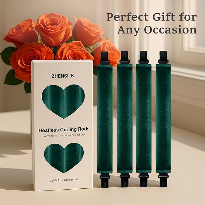 Heatless Hair Curler Set – 4PCS Velvet Overnight Blowout Rods for Heatless Curls, Jumbo Flexible Curling Rods to Sleep In, No Heat Curling Tools for Natural Waves and Curls Green