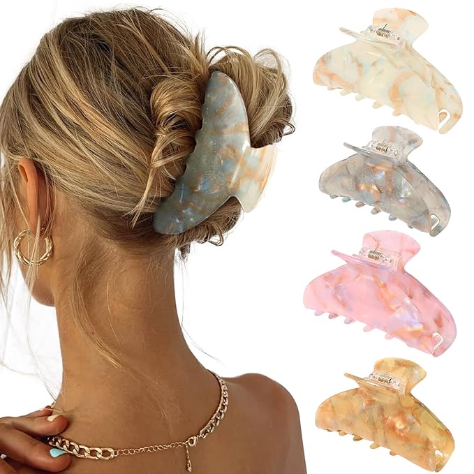 4Pcs Large Acrylic Hair Claw Clips - Strong Hold Thick Hair Banana Barrettes for Women Girls (Hair Clips, Banana(gray/champagne/green/pink))