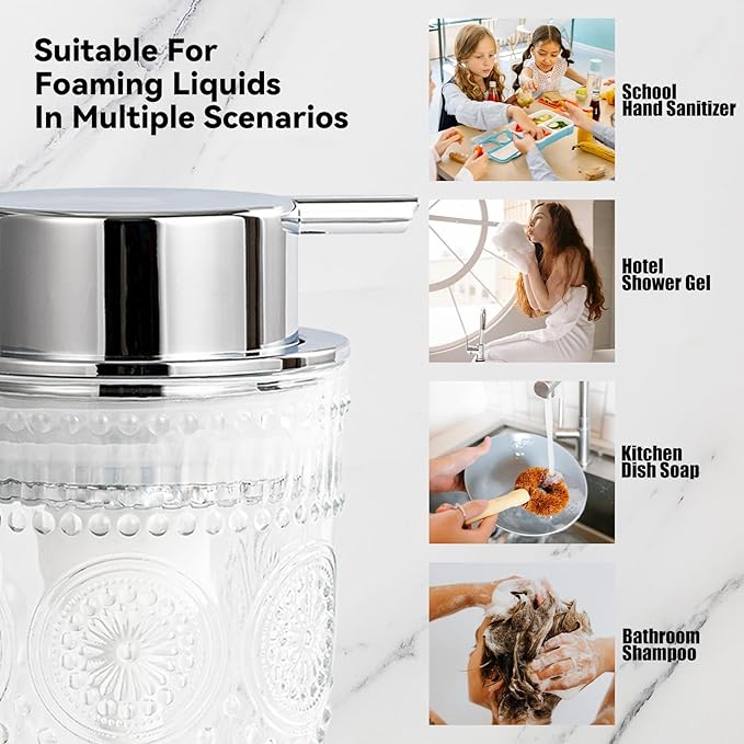 Glass Foaming Soap Dispenser - Foam Hand Soap Dispenser Bathroom, 10 OZ Clear Refillable Liquid Dispenser for Kitchen Dish Dispenser Foam Pump Silver