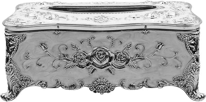 9.45"x5.43"x3.94" Luxurious Rose Tissue Box with Imitation Diamonds, Embossed Flowers, Elegant Tissue Paper Holders for Home Toilet Bath Hotel,Silver-White