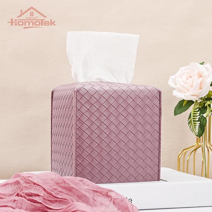 HOMOTEK 2 Pack Tissue Box Cover, Square PU Leather Tissue Holder, Decorative Facial Tissue Cube Paper Organizer Dispenser for Bathroom, Night Stands, Desk, Car 5X5X5'' - Woven Waffle,Plum Red