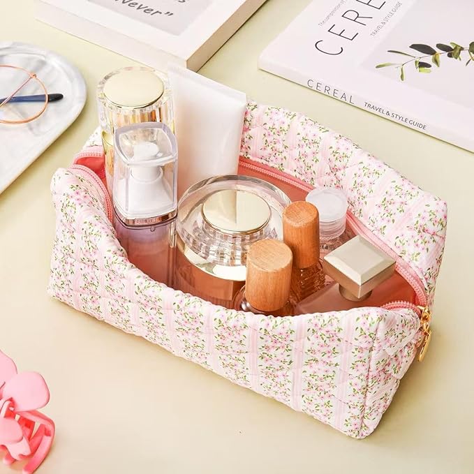 Floral Makeup Bag,Floral Quilted Makeup Pouch,Large Cosmetic Bag,Fashionable Travel Makeup Pouch, Cute Pink Makeup Bag,Puffy Coquette Make up Bag, Attractive Quilted Make up Bag