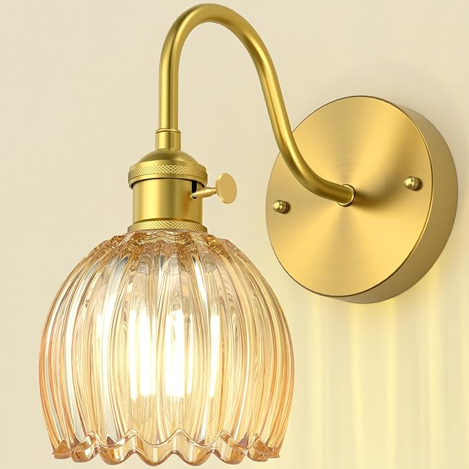 Wall Sconces Lights Lamp for Bedroom Bathroom, Modern Vanity Light Fixtures, Wall Mount Lighting Vintage Tulip Amber Glass Shade for Living Room Mirror Hallway Kitchen
