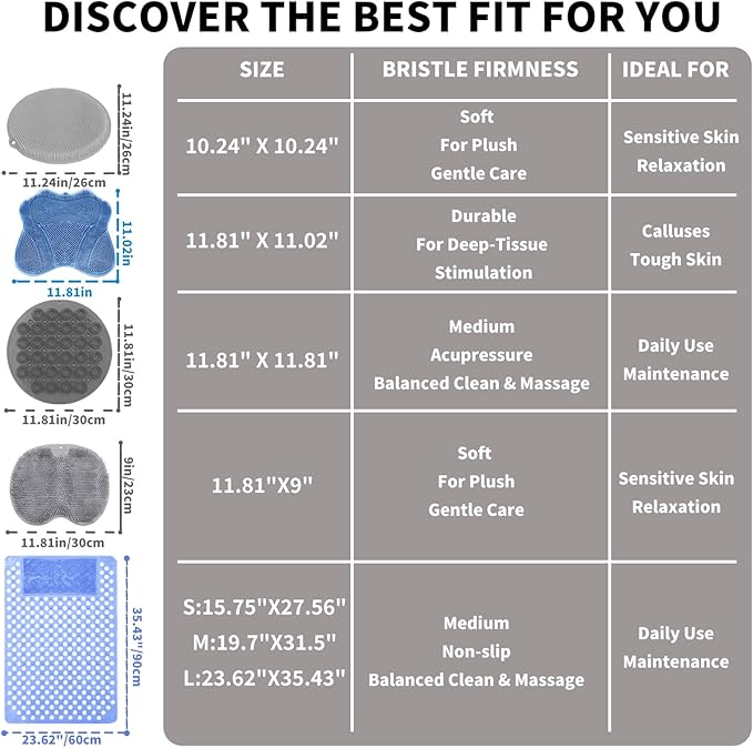 2 Pack Shower Foot Scrubber & Shower Back Scrubber Wall Mounted with Delicate Brush,Circular Design Shower Back Scrubber,Non-Slip Foot Scrubber Mat(Grey and Blue)