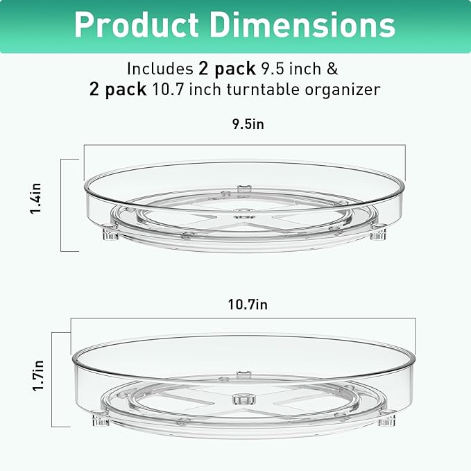 4 Pack Lazy Susan Organizer, 9.5 Inch, 10.7 Inch Lazy Susan Turntable for Cabinet, Turntable Organizer for Pantry Organizers and Storage, Non-Skid Fridge Organizer