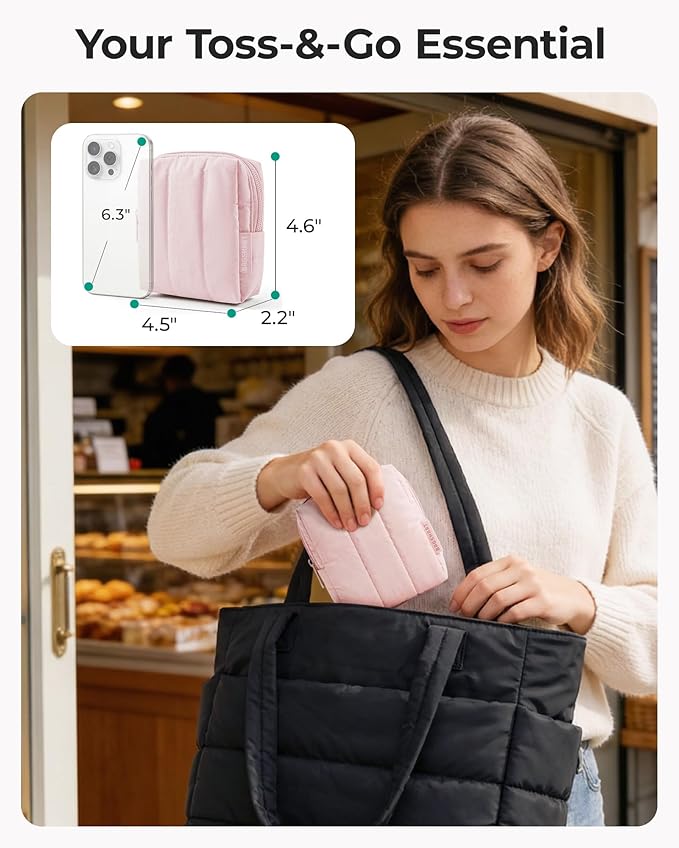 BAGSMART Small Travel Makeup Bag for Purse Toiletry Pouch, Puffy Padded Mini Cosmetics Bag, Cute Make Up Pouch for Women with Slip-in Pocket, Travel Essentials for Toiletries, Blue