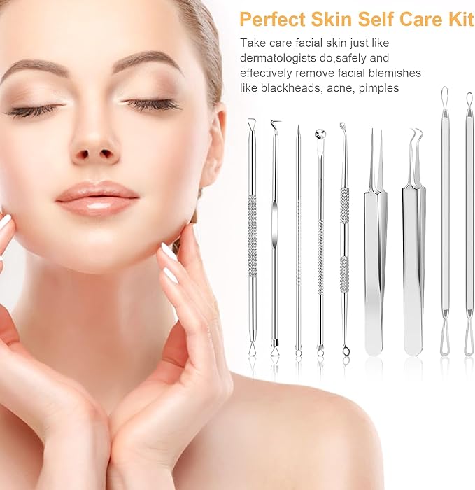 Blackhead Remover Tools, 9PCS Pimple Popper Tool Kit - Stainless Steel Pimple/Comedone Extractor & Tweezers for Acne/Zit Removal, Nose & Face Extraction Tools for Estheticians with Leather Case