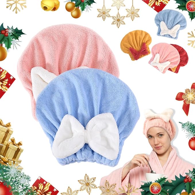 2PCS Microfiber Hair Drying Caps, Christmas Absorbent Hair Towel Wrap for Women Wet Hair Quick-Drying Hair Towels, Soft Bow Tie Wet Hair Towel Wrap for Party Favors Goody Bag Filler (Pink+Blue)