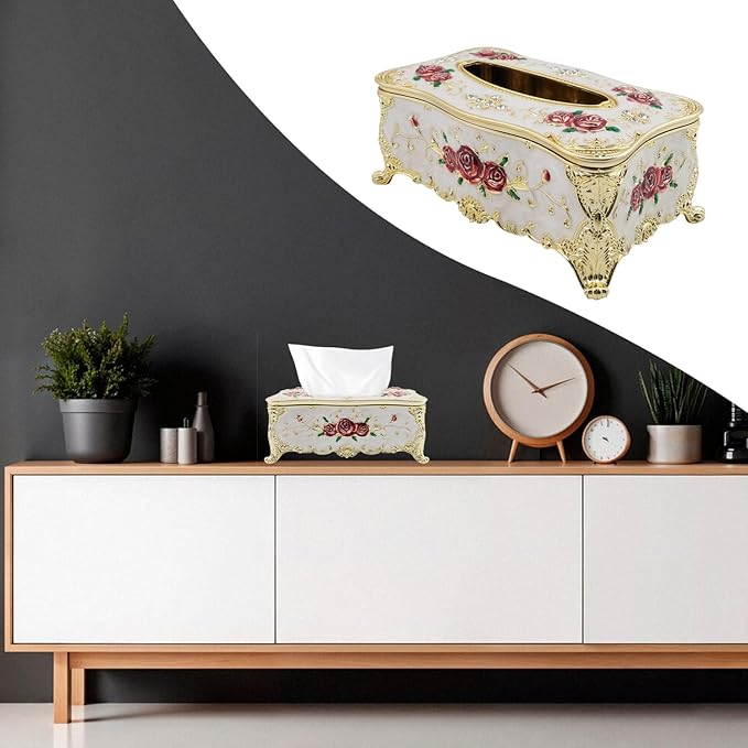 9.45"x5.43"x3.94" Luxurious Rose Tissue Box with Imitation Diamonds, Embossed Flowers, Elegant Tissue Paper Holders for Home Toilet Bath Hotel,Gold-White-red