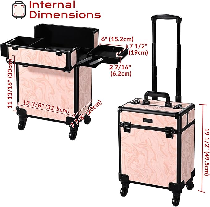 BYOOTIQUE Rolling Makeup Trollleyon Wheels 3-Piece Kit Lockable Cosmetology Organizer Cart Cosmetic Train Case Hairdressing Brush Bags for Nail Tech Beauty Salon Barbershop,CTB Pink
