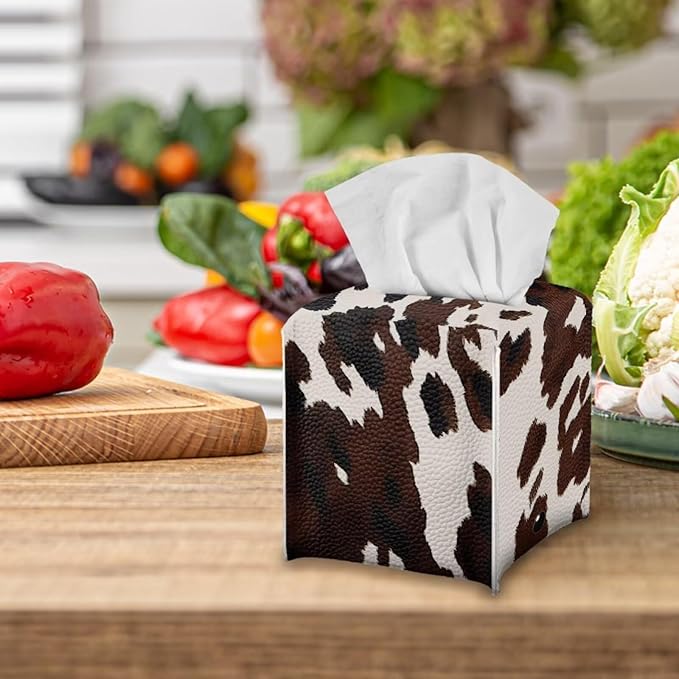 Cowhide Print Tissue Box Cover Modern Square Tissue Box Organizer Decorative PU Leather Facial Paper Holder for Bathroom Vanity Countertop Bedroom Dresser Office Desk