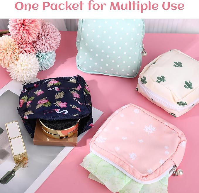 4Pcs Sanitary Napkin Storage Bag, Portable Period Bag for Teen Girls Woman, Pad Pouch Tampon for Purse, Reusable Zipper Period Pouches for Teen School Office Travel Feminine Care Organizer, Flamingo