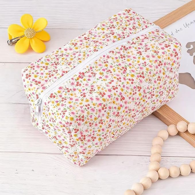 Puffy Coquette Floral Quilted Makeup Bag - Large Fashionable Travel Pouch, Cute Pink