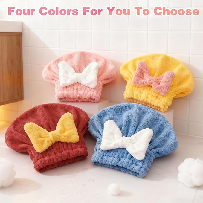 2PCS Super Absorbent Hair Towel Wrap for Wet Hair,Microfiber Hair Drying with Caps Bow Design,2026 New Fast Drying Hair Turban Wrap Towels Shower Cap for Girls and Women(Pink, Blue)