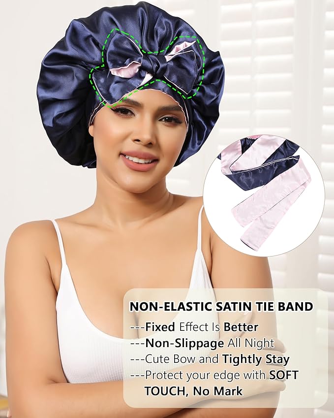 Satin Bonnet Silk Hair Wrap for Sleeping - Reversible Cap with Tie Band - Night Cap Double Layer for Curly Hair (Navy Blue + Pink)