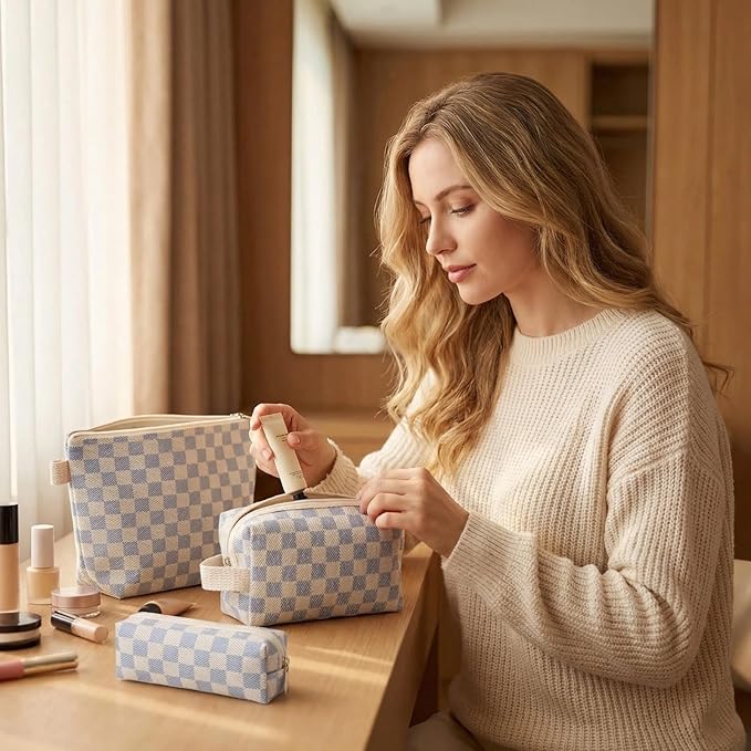 3 Pcs Canvas Makeup Bag Set Checkered Cosmetic Pouch for Women Travel Toiletry Bag Cute Makeup Organizer Purse Pouch Preppy Pencil Case with Zipper (Checkered Blue)