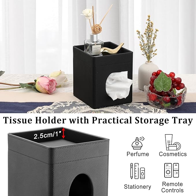 Sumnacon Square Tissue Box Cover with Storage Tray, Decorative Cube Tissue Holder PU Leather Facial Tissues Organizer Stylish Modern Tissue Dispenser for Bathroom Toilet Tank Vanity Dresser Table