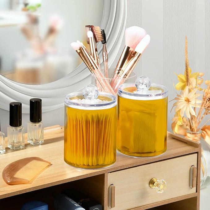 Mustard Yellow Qtip Holder Organizer Dispenser Cotton Swabs Cans Plastic Jars with Lid Set 4 Pack Bathroom Storage Canister for Cotton Ball Floss Cotton Pads