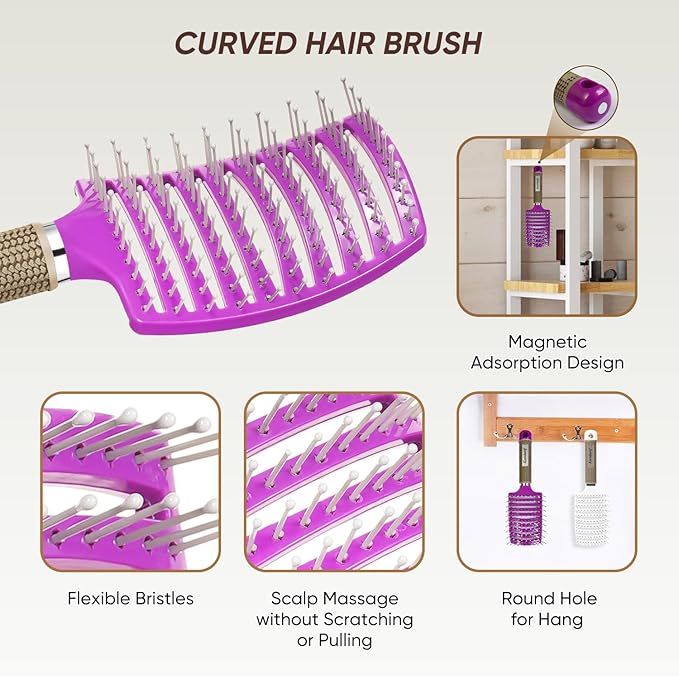 2 Pack Curved Vented Detangling Brush for Wet and Dry Hair, Paddle Styling Hair Brush for Faster Blow Drying, Detangler Brush for Women Men Curly Thick Hair