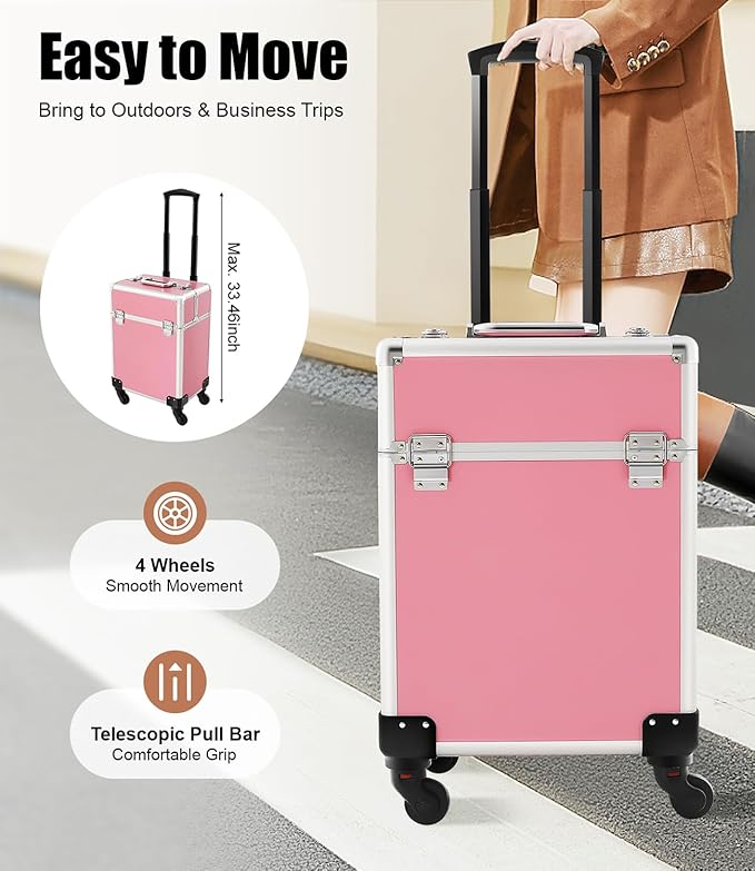 Pink Rolling Makeup Case, Professional Cosmetic Box Storage on Wheels, Large Make Up Train Carrying Cases w/4 Organizer Trays, Cosmetic Case Trolley with Locks for Makeup/Nail Art/Hair Styling
