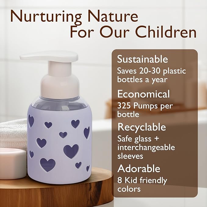SoCal Suds & Company Foaming Hand Soap Dispenser Glass, Liquid Soap Pump with Heart Silicone Sleeve, Refillable Bottle for Kids, Baby Wash & Shampoo, Ideal for Bathroom & Kitchen Use, Soft Purple, 8oz