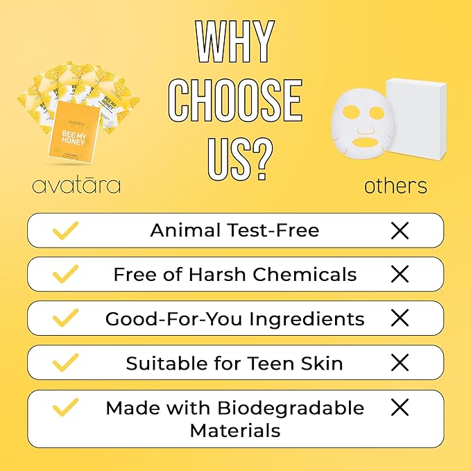 Avatara Bee My Honey Facial Mask 5 Sheets, Hydrating Sheet Masks with Honey and Sugar Cane Extract, Face Mask Skincare Beauty Essential for Moisturizing Skin, Minimize Pores, All Skin Types, 5 Pack