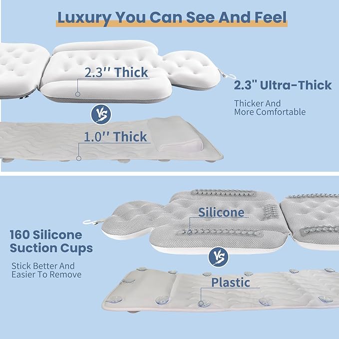 Luxury Bath Cushion, Full Body Bathtub Pillow with 160 Suction Cups, Bath Mat for Head and Neck Support, with Laundry Bag (White, 56" x 16")