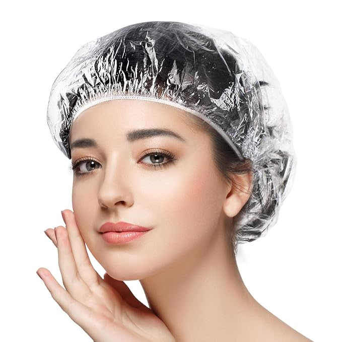 MORGLES 100 Pcs Disposable Shower Caps for Women, 18.1" Waterproof Plastic Shower Caps for Bathing, Hair Treatment, Conditioning in Home Hotel Travel